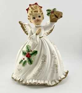 Vintage Keramik Weihnachten Engel Übertopf Napcoware Japan X-6966 Stechpalme Glocken 7" - Bild 1 von 13