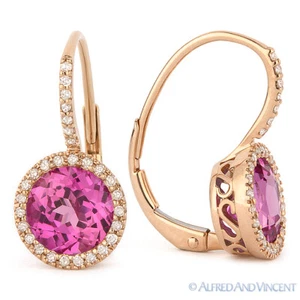 3.32ct Pink Lab-Created Sapphire & Diamond 14k Rose Gold Leverback Drop Earrings - Picture 1 of 1