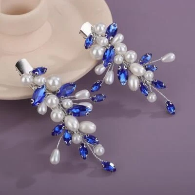  2Pcs Blue Rhinestone Hair Clips with Pearl Crystal Wedding Hair Barrette for  - Image 1 of 4