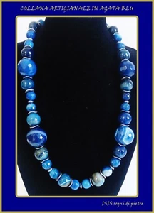 COLLANA DONNA IN PIETRE DURE AGATA STRIATA COLORATA BLU CREAZIONE ARTIGIANALE - Foto 1 di 11