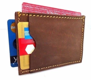 Men's Natural Leather Credit Card Case Mini Wallet 3 Slots Back Pocket Size Slim - Picture 1 of 8