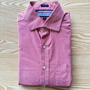Tommy Hilfiger Medium Shirt Check Mens Red 22" Pit-to-Pit Designer 15" Collar - Picture 1 of 10