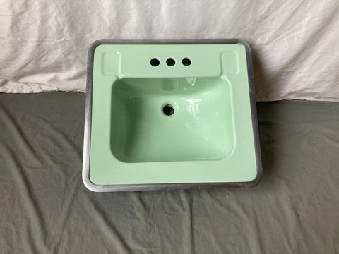 Vtg Mid Century Ceramic 20x18 Pale Jadeite Green Eljer Drop In Bath Sink 449-23E Cover