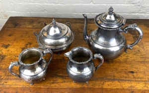 C.1910 Van Bergh 4 Pc Silverplate Set ~ Teapot, Creamer, Butter Dish, Waste Cup - Picture 1 of 15