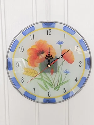 Glass Wall Clock Hand Painted Flower Design Farmhouse Cottage Country Vintage - Image 1 of 4