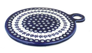 Blue Rose Polish Pottery Flowering Peacock Round Cutting Board - Picture 1 of 2