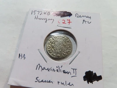 C27 Hungría Maximiliano II 1572-KB AR Denar AU REGLA ESCASA Foto 1 de 2