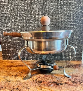 Vintage Chafing / Fondue Dish 9 1/2” round x 8" tall with wood accents - Picture 1 of 8