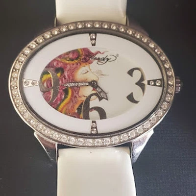 Ed Hardy Showgirl Women's Watch White Patent Leather Strap Silver Tone Crystals - Image 1 of 4