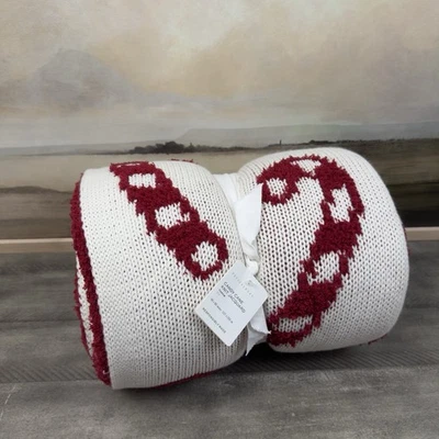 Pottery Barn Candy Cane Jacquard Knit Throw Blanket Ivory Red 50”x60” Christmas - Image 1 of 4