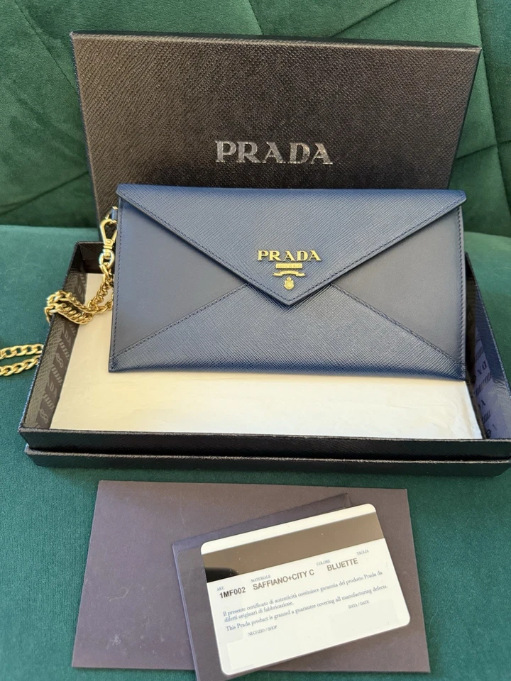 Auth PRADA Envelope Saffiano Leather Chain Clutch - Image 1 of 4
