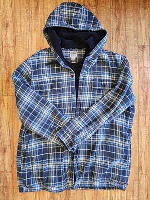 L.L. Bean Fleece Lined Flannel Hooded Jacket Blue Plaid Button Up Sz XL - Image 1 of 4