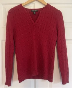 Ralph Lauren Red Knit Cable V-Neck Sweater | Women Size Medium | Vintage Style - Imagen 1 de 6