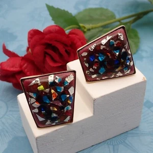 Vintage Mosaic Art Glass Enamel Inlaid Trapezoid Gold Tone Cufflinks - Picture 1 of 5