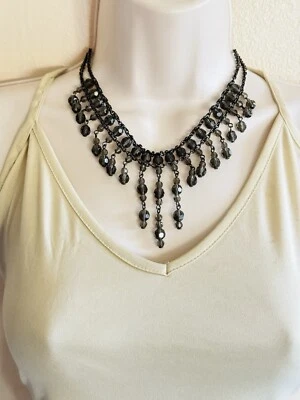 Collar curtidor collar firmado cristal ahumado cuentas flecos declaración gótico negro Foto 1 de 4