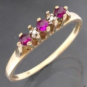 Retro 1980's Solid 9k Yellow GOLD 3 RUBY & 2 Diamond BRIDGE RING Sz S - Picture 1 of 6