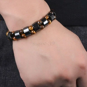 Hot New - Tiger Eye Natural Stone Hematite Double Energy Bracelet Healing Bangle - Picture 1 of 11