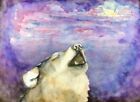Original Watercolour Howling Wolf Painting Purple Sky Moonlight Animals Art 