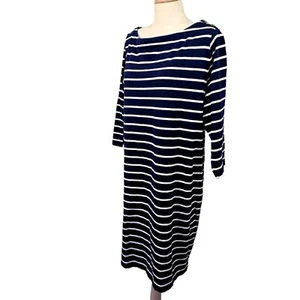 Lands End Cotton Knit Shift Dress Sz 2XL Blue White Awning Stripe Boat Neck NEW - Picture 1 of 10