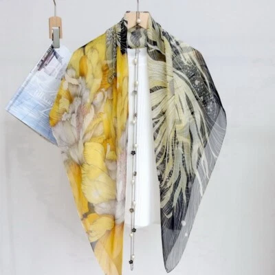 桑蚕丝雪纺裹巾方形围巾披肩鱼花印花手卷 41 — 第 1/4 张图片