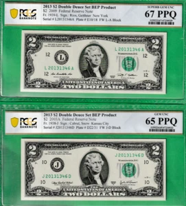 MATCHING Serial Numbers 2013 $2 Federal Reserve Notes 20131346 PCGS PAIR NOTES - Picture 1 of 2