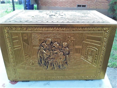 Antique Brass Repousse Metal on Wood Kindling/Coal/Firewood Box Storage Chest Cover