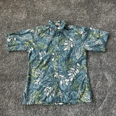 Camisa Hawaiana Go Barefoot Para Hombre Mediana Azul Verde Estampado Hoja Hecha en Algodón EE. UU. Foto 1 de 4