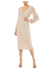 Mac Duggal Sequin Beaded Long Sleeve Midi Dress Size 6 Nude Champagne Formal NWT - Picture 1 of 6