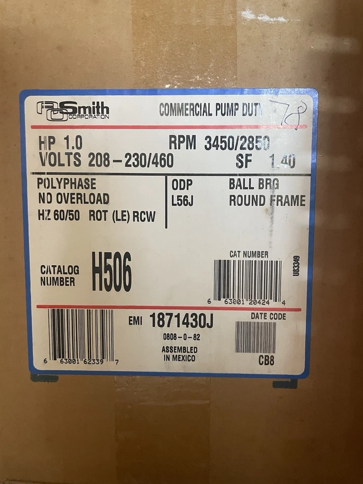 AO Smith H506 C-Face Com. Pump Motor, 1 HP, 3-Phase, 3450 RPM, 208-230, 460V - Image 1 of 1