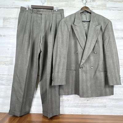 HUGO BOSS SAKS 42R 34x30 Wool Herringbone Double Breasted Suit Blazer Pants Set - image 1 of 4
