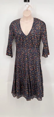 Vestido Veronica Barba Shireen Azul Marino Estampado Talla 10 Plisado Forrado Mangas 3/4 Foto 1 de 4