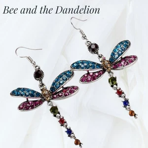 Multicoloured Crystal Dragonfly Dangle Earrings Silver Tone, Radiant - Picture 1 of 6