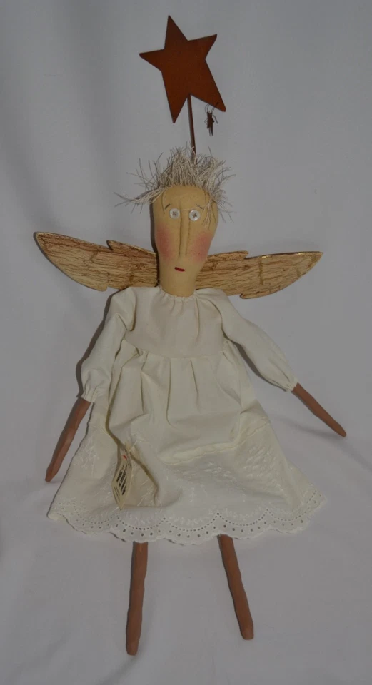 Primitive Handmade Shappy FolkArt Cottage Country Angel with Vintage linen dress - Image 1 of 4