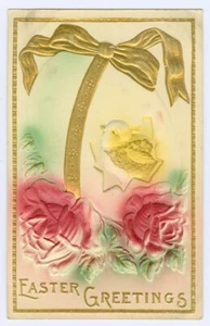 Vtg Postcard Embossed Easter Greetings Roses Chick Eater Egg - Picture 1 of 2
