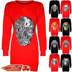Womens Ladies Oversized Fleece Long Gold Foil Skull Sweatshirt Tunic Mini Dress - Picture 1 of 71