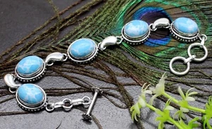 925 Sterling Silver Larimar Gemstone Handmade Jewelry Bracelet Size-7-8" - Picture 1 of 8