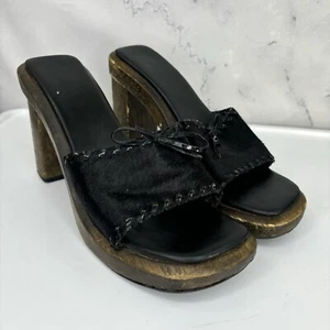 Vintage Y2K Chunky Wood Platform Block Heels Sz 9 Leather 90's Calf Hair Goth - Picture 1 of 24