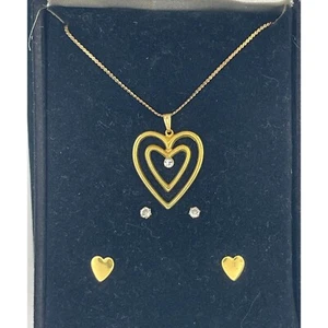Boxed Jewelry Set 18"  Heart Necklace Pierced Earrings Gold Tone - Picture 1 of 7