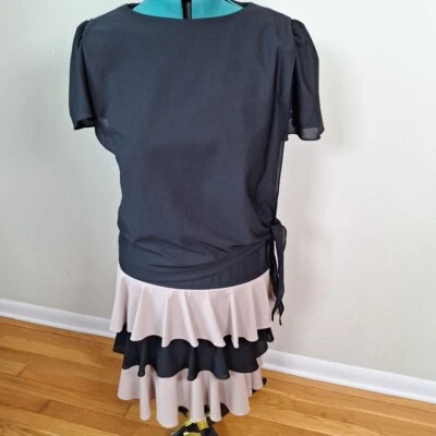 Vtg 80s Black Beige Drop Waist Tiered Ruffled Dress Women Size Medium Party - Image 1 of 4