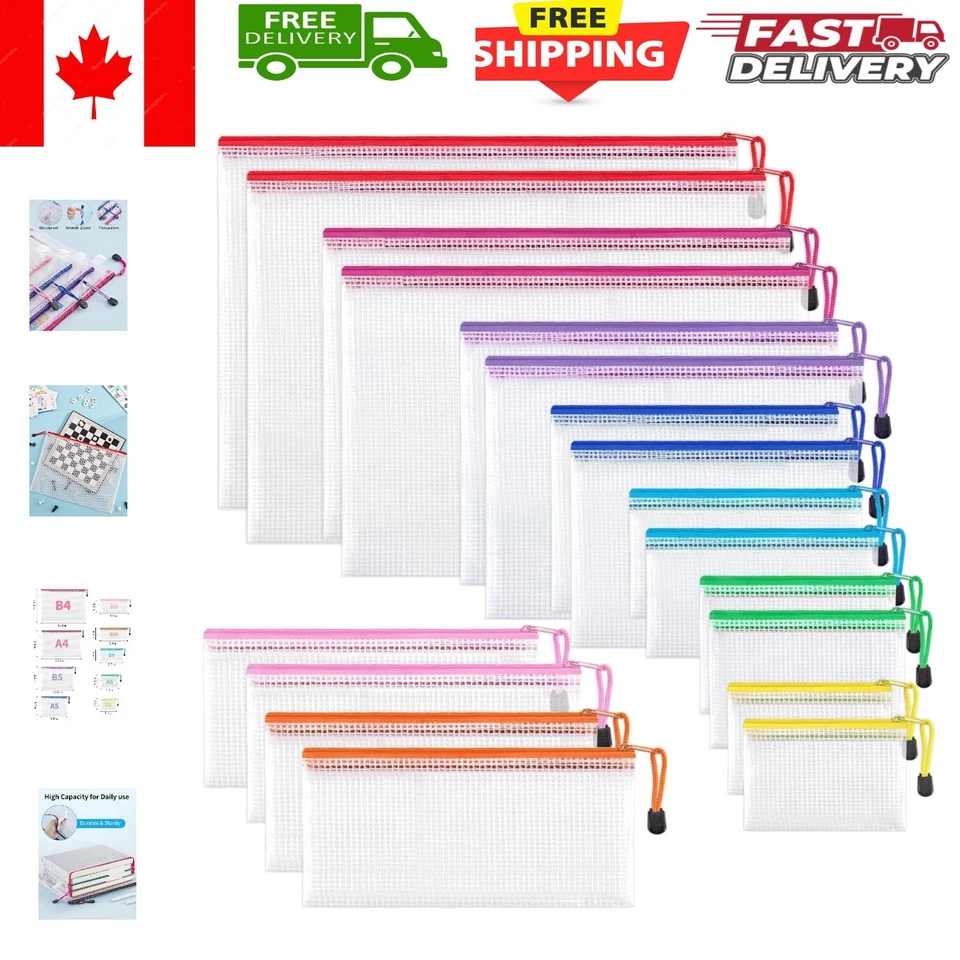 Durable 18-Pack Waterproof Zipper Pouches - 8 Sizes for Every Organization Need Foto 1 de 4