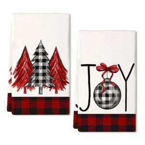 Christmas Kitchen Towels Set of 2Red Buffalo Plaid Xmas Tree Dish Towels 18x2... - Picture 1 of 9