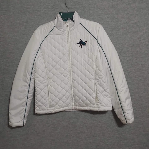 San Jose Sharks Women Jacket Large White Quilted Puffer Logo Embroider Full Zip Cover