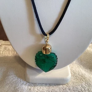 Vintage Forest Green Glass Parfume Bottle Heart Pendent 30” Necklace - Picture 1 of 3