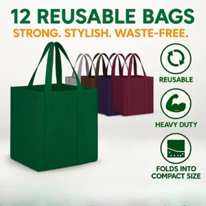 Reusable Grocery Bags 12 Pack Foldable Heavy Duty Shopping Totes with Handles - Picture 1 of 8