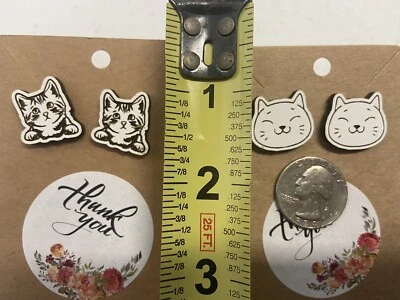 2 Wooden Cat Kitten Kitty Earrings Quarter Sz Sustainable Fashion Natural Pins - Image 1 of 2