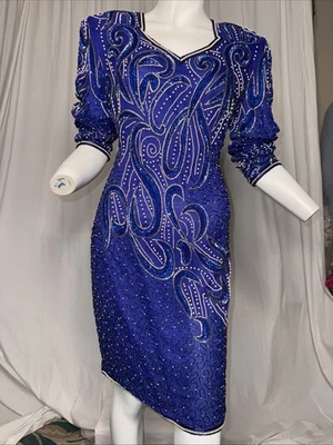 复古 Sténay 100% 真丝皇家蓝色串珠晚礼服 P12 码 — 第 1/4 张图片