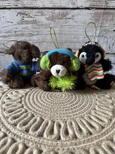 Lot of 3 Hugfun International Plush Brown Teddy Bear, Penguin, Puppy Ornament - Picture 1 of 8