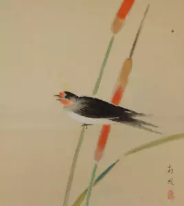 PINTURA JAPONESA PERGAMINO COLGANTE color golondrina pájaro vintage 452r - Imagen 1 de 6
