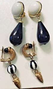 Retro Clip-on Earrings Etruscan Revival Stripe Bead + White & Black Drop Clipon - Picture 1 of 6