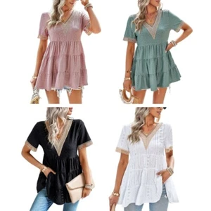 Women Babydoll Blouses V-Neck Tunic Tops Summer Casual Loose Ruffle Sleeve Tops - Picture 1 of 24